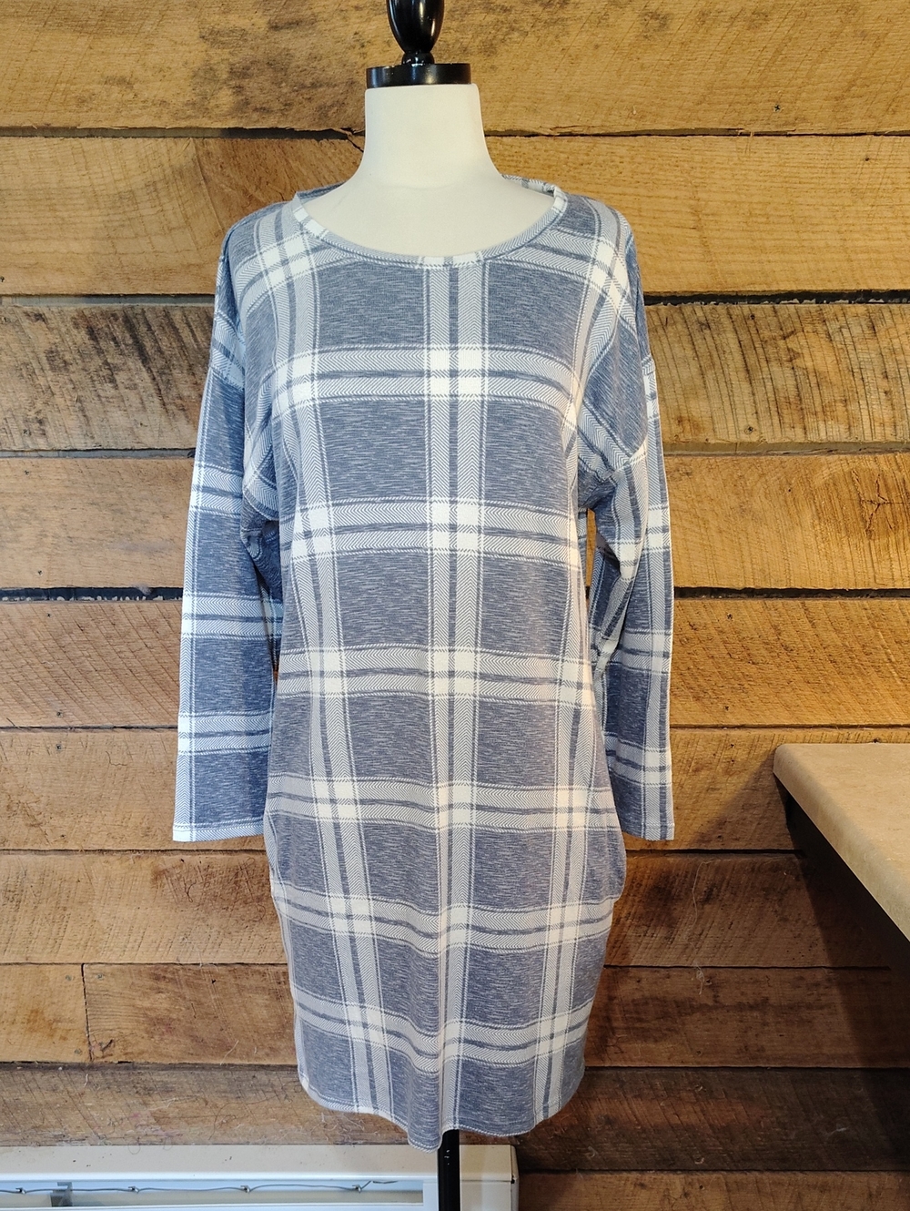 Women's Blue and White Plaid Long Sleeve Tunic Approx M